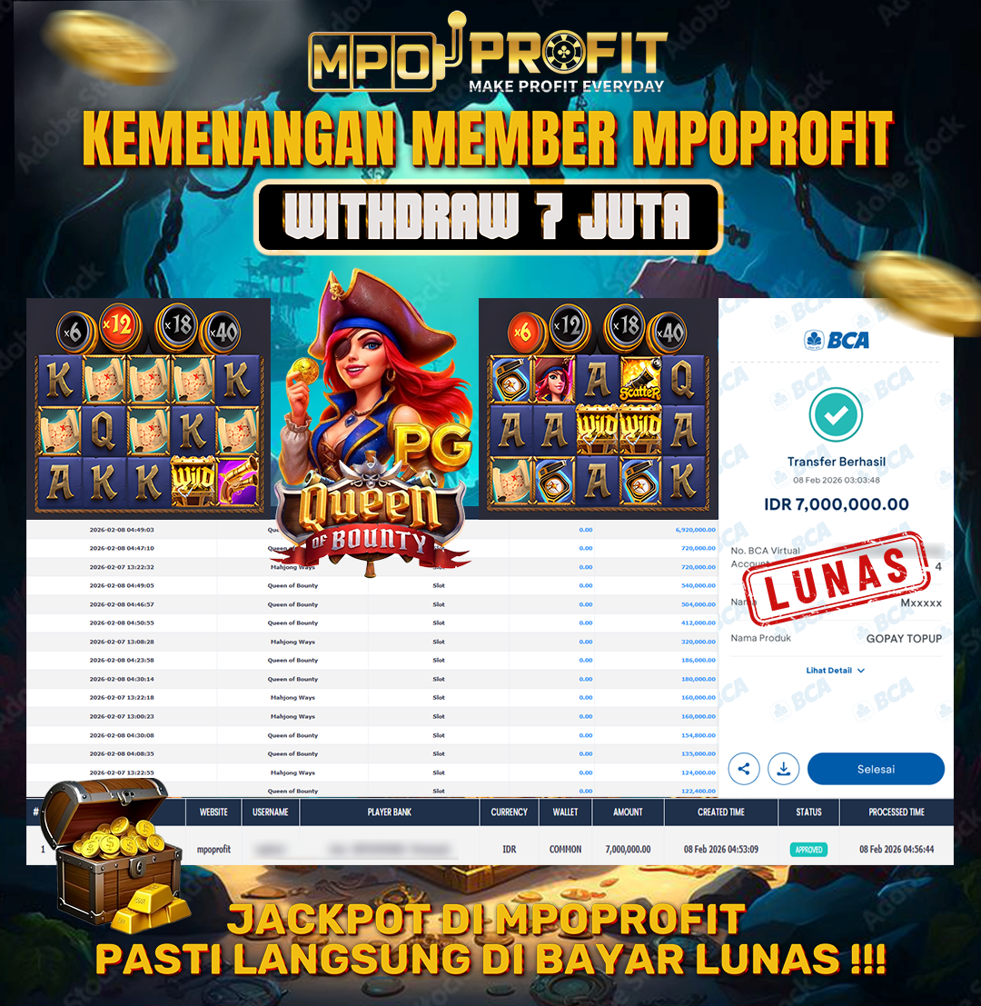 MPOPROFIT JACKPOT SLOT PGSOFT! KEMENANGAN MURNI DI (QUEEN OF BOUNTY TOTAL RP. 7.000.000,- LUNAS)