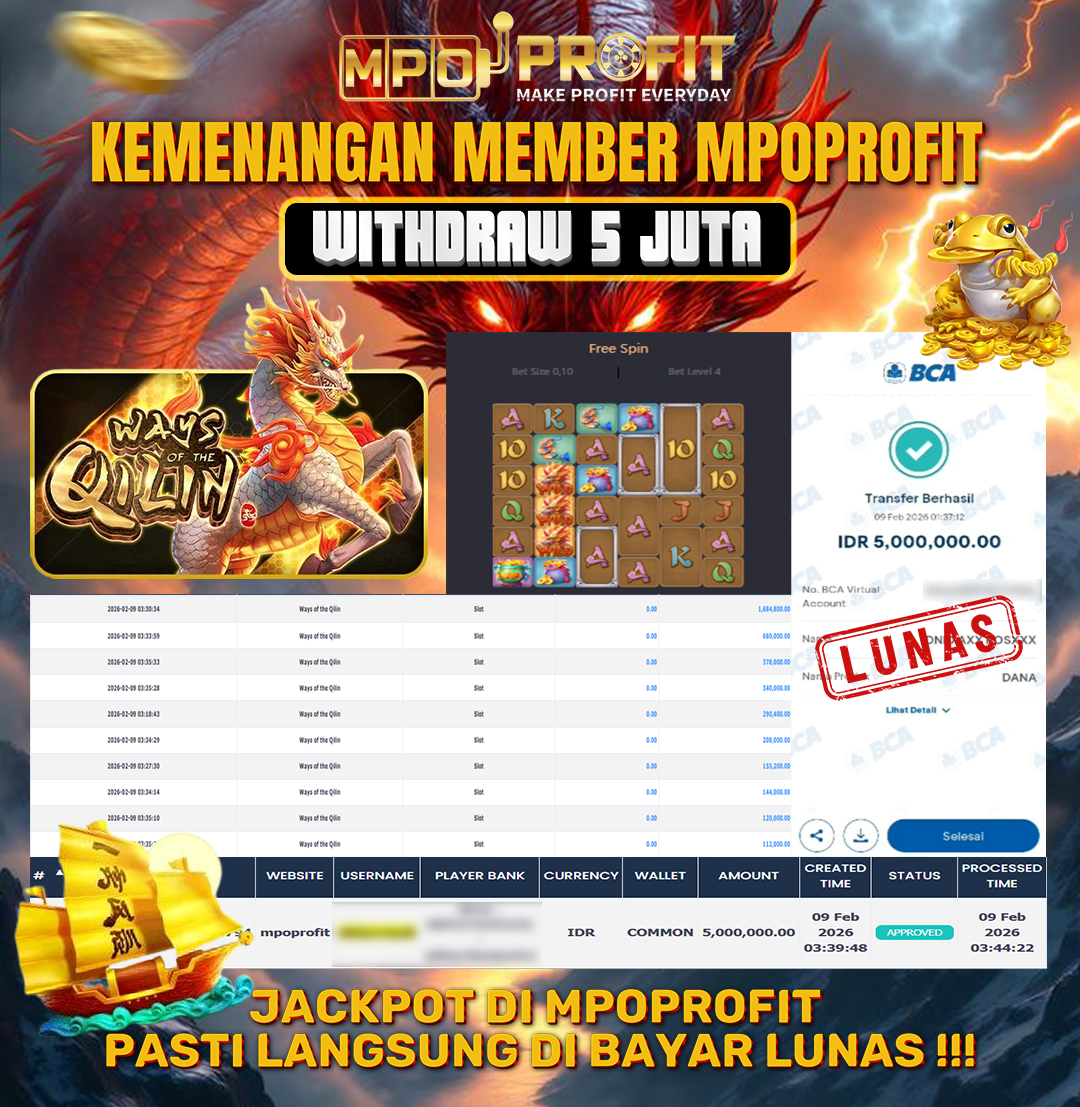 MPOPROFIT JACKPOT SLOT PGSOFT! KEMENANGAN MURNI DI (WAYS OF THE QILIN TOTAL RP. 5.000.000,- LUNAS)