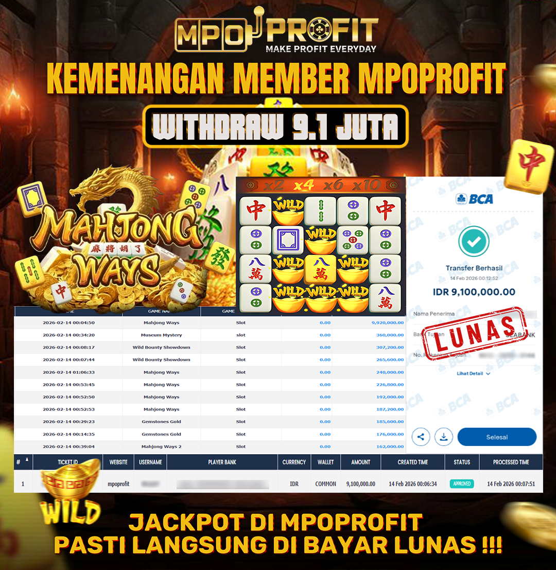 MPOPROFIT JACKPOT SLOT PGSOFT! KEMENANGAN MURNI DI (MAHJONG WAYS TOTAL RP. 9.100.000,- LUNAS)