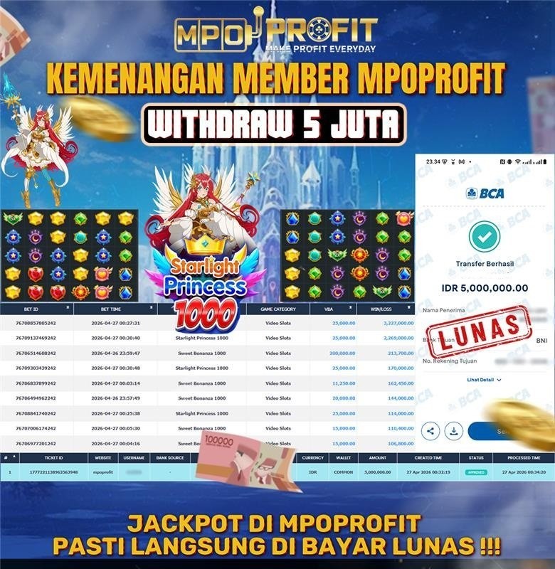 MPOPROFIT JACKPOT SLOT PRAGMATIC PLAY! KEMENANGAN MURNI DI (STARLIGHT PRINCESS 1000 TOTAL RP 5.000.000,- LUNAS)