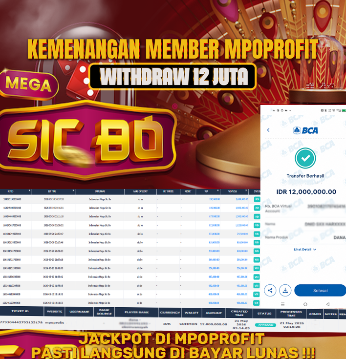 MPOPROFIT JACKPOT LIVE KASINO! KEMENANGAN MURNI DI (SIC BO TOTAL RP 12.000.000,- LUNAS)